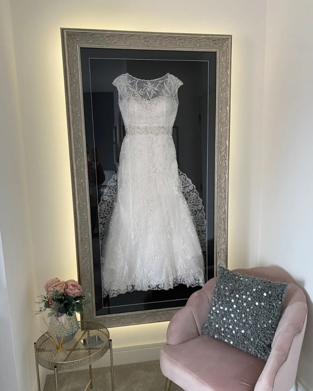 framed wedding dress displayed as home accessory